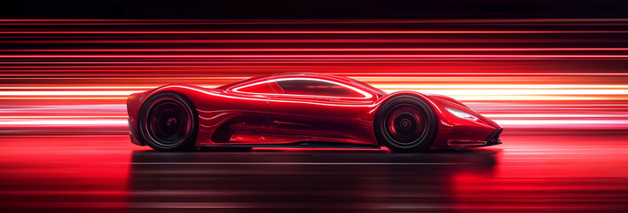Side view of speeding sleek red sports car on neon highway. Powerful acceleration of a supercar on a night track with neon lights and trails. 3d render
