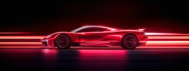 Side view of speeding sleek red sports car on neon highway. Powerful acceleration of a supercar on a night track with neon lights and trails. 3d render