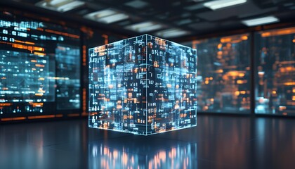 A glowing cube of binary code floating in a futuristic lab setting, with transparent screens displaying AI algorithms and digital blueprints projected around it.