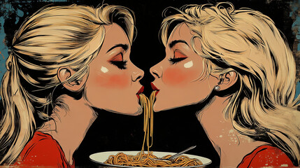 Retro Pop Art Couple in Love Eating Pasta Spaghetti, Vintage Style Illustration