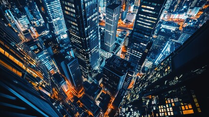 Aerial view of a vibrant urban skyline illuminated at night showcasing towering skyscrapers and busy streets in a metropolitan center