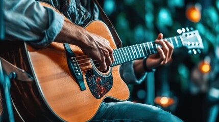 Obraz premium A musician plays an acoustic guitar passionately under soft stage lighting during a live performance