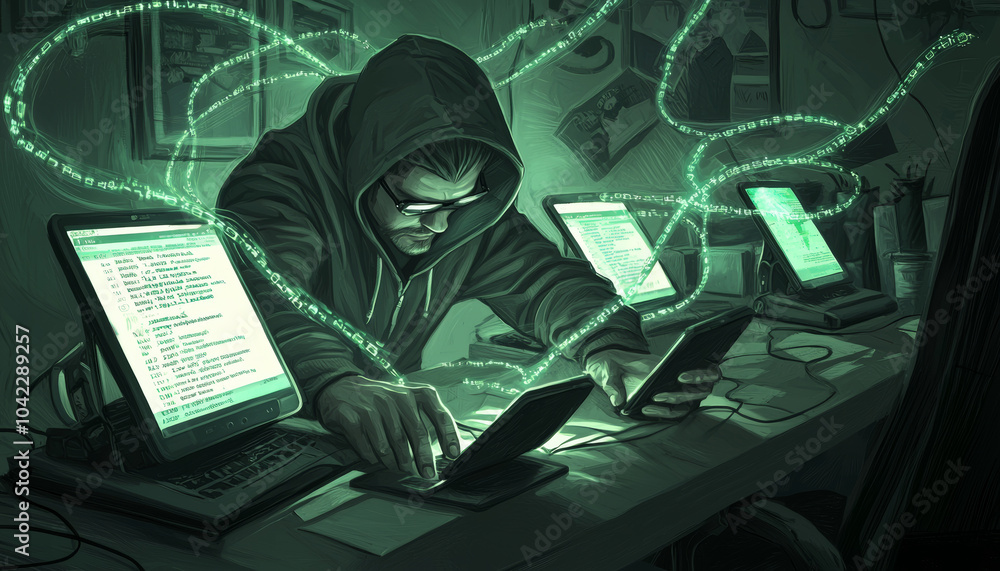 Poster digital scammer wearing hooded sweatshirt is intensely focused on multiple devices, surrounded by gl