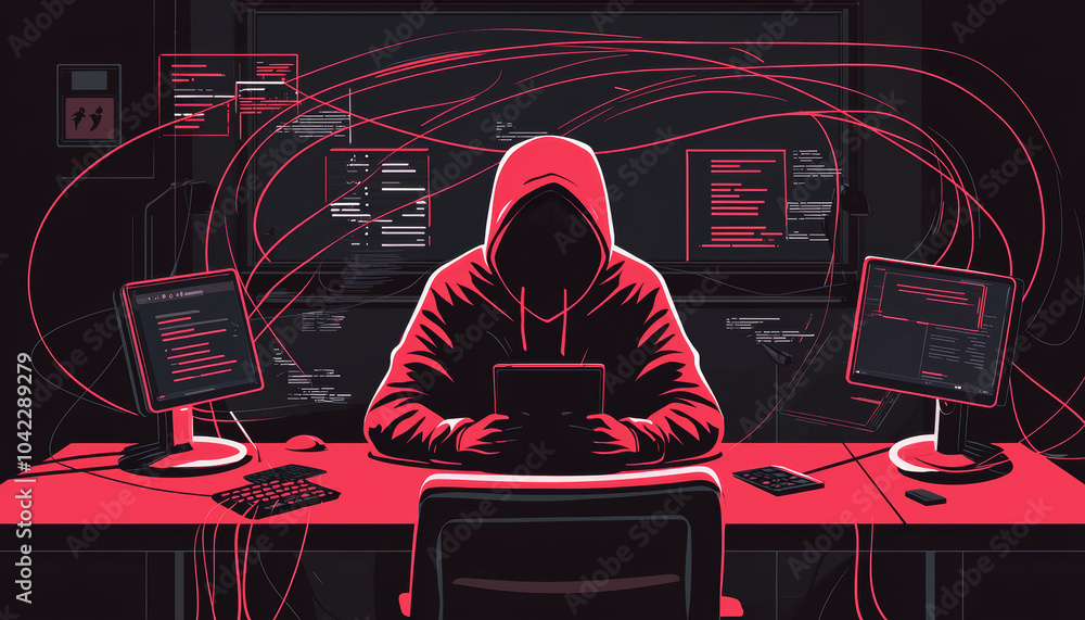 Poster digital scammer in hooded sweatshirt sits at desk surrounded by multiple screens displaying code and