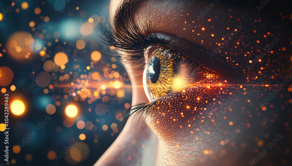 Poster eye peering through layers of shimmering light and vibrant colors, capturing moment of wonder and cu