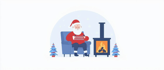 A cozy scene featuring Santa sitting by a fireplace, surrounded by Christmas trees, evoking warmth and holiday spirit.