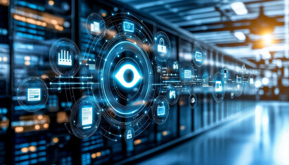 Digital eye monitoring data privacy in server room, showcasing security icons and information flow. This represents importance of data protection and privacy in technology