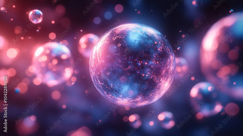 Fototapete A vibrant display showcases spherical forms resembling cells or bubbles glowing in shades of pink and blue against a dark backdrop, creating a striking visual effect.