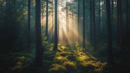Obraz premium Sunlight filters through tall trees in a serene forest, creating a magical atmosphere at dawn