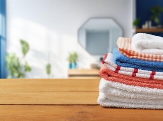 bathroom table with towels for product displaying,