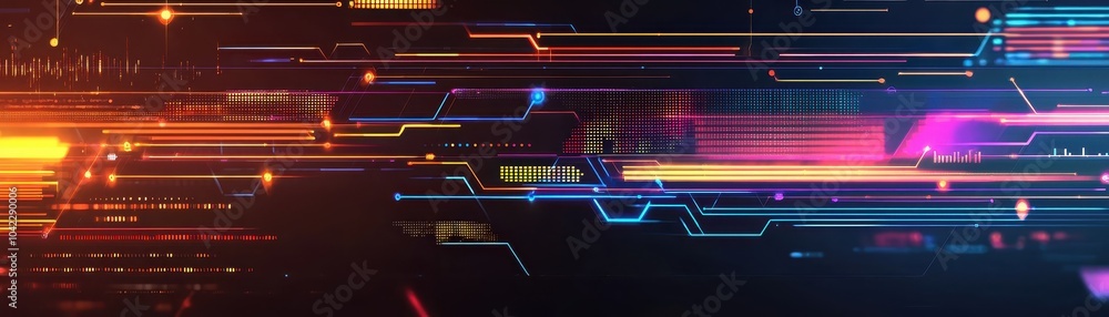 Poster vibrant abstract background with dynamic neon lines and geometric shapes, creating a futuristic digi