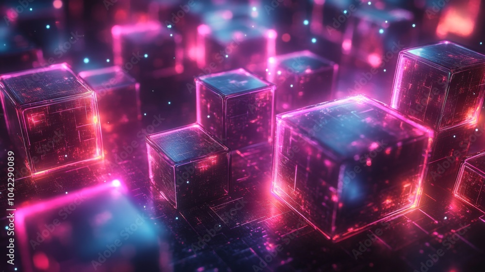 Poster A multitude of glowing cubes in various sizes and shades of blue and pink fills the digital space, creating an immersive and futuristic atmosphere. Bright lights and reflections enhance the depth.
