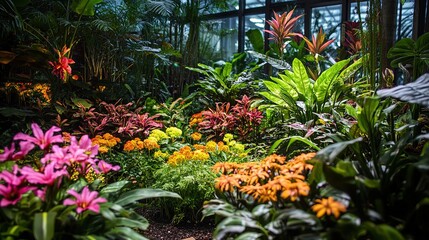 Fototapeta premium Vibrant tropical flowers blooming in a lush garden during golden hour with sunlight illuminating their colors