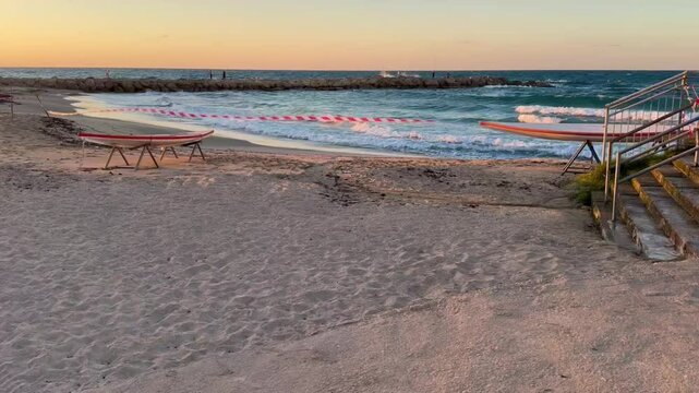 Closed beach in Haifa, Israel, due to war and bad weather.

