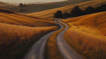Fototapeta premium A winding dirt road leads through golden fields under a bright blue sky in a serene landscape during the late afternoon