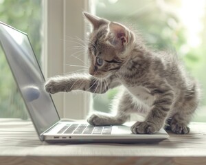 A kitten uses a laptop. AI.