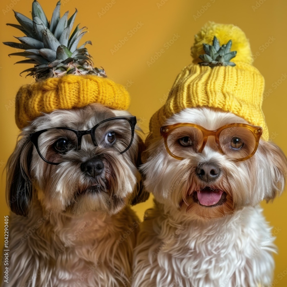 Canvas Prints Two dogs wearing glasses and knitted hats. AI.