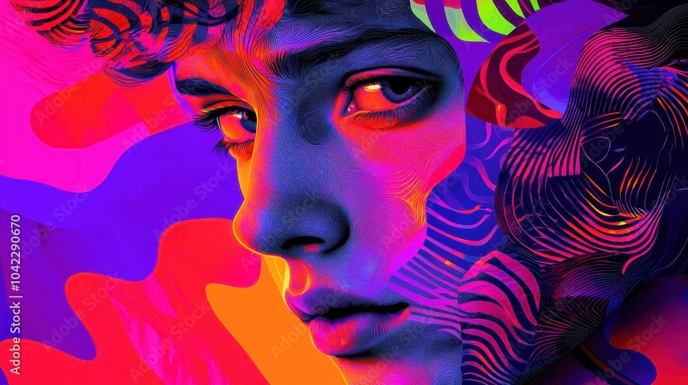 Poster vivid abstract portrait of a person in neon colors, blending shapes and patterns creating a mesmeriz