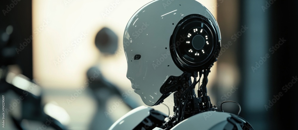 Poster close-up of a humanoid robot's head with visible mechanical parts and a blurred background.