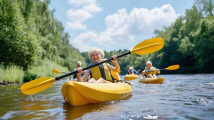 Seniors enjoying a joyful kayaking adventure on a serene river in summer