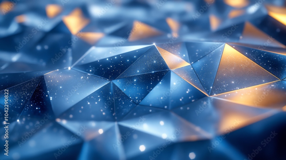 Aufkleber Complex geometric shapes with reflective surfaces are arranged in a captivating pattern and softly illuminated, producing a stunning blend of blue and warm tones.