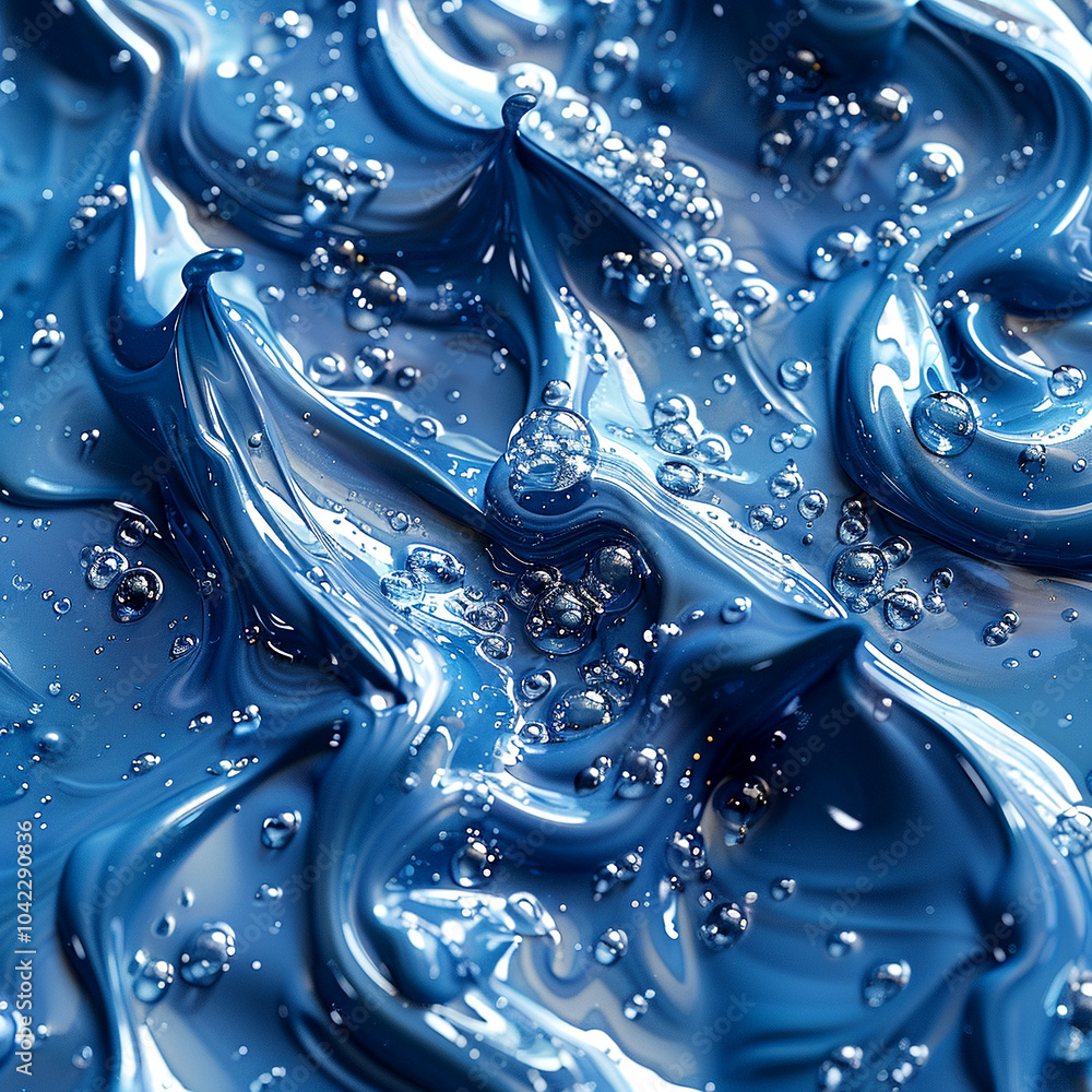 Poster captivating blue waves of paint with bubbles creating a mesmerizing abstract texture