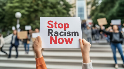 Fototapeta premium Protesters unite against racism on the steps of a government building in autumn