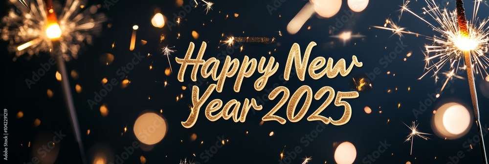 Poster happy new year 2025 banner with golden text and sparkling fireworks, creating a celebratory atmosphe