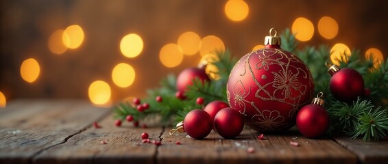 A close-up of Christmas ornaments and a sprig of pine on a rustic wooden table. 

