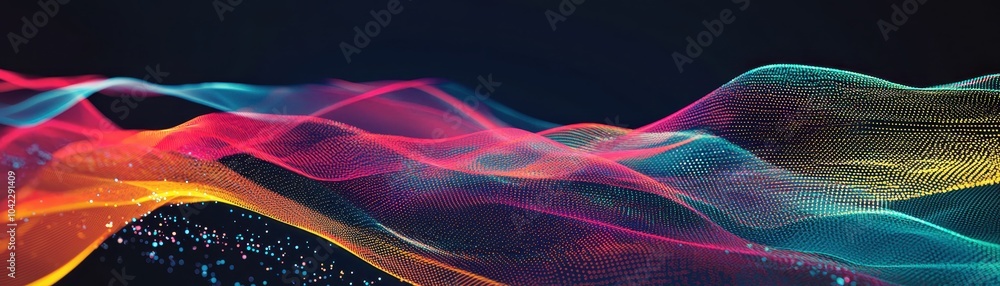 Poster abstract digital waves in vibrant colors against a dark background, creating a sense of motion and f