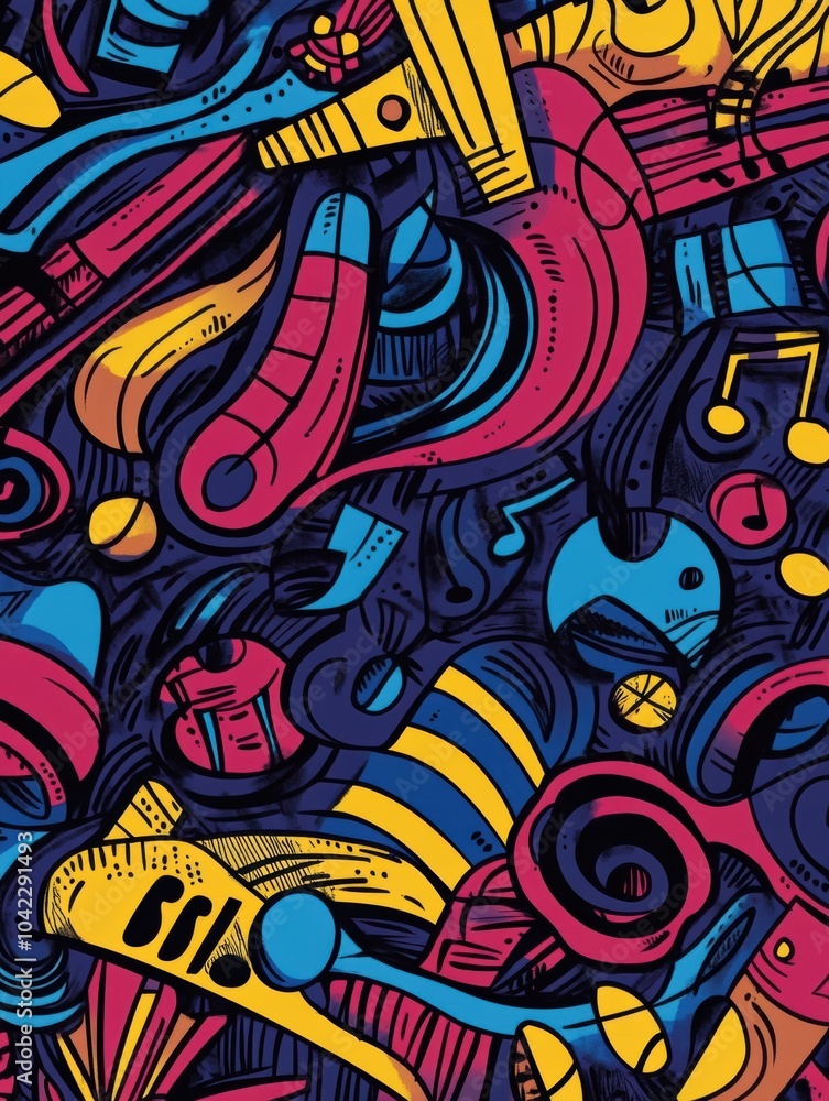 Poster this artwork showcases a lively mix of musical instruments, notes, and sound waves in bright colors,