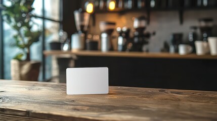 Blank white card on wooden counter with blurred cafe background, ideal for branding, advertising, or business presentations.