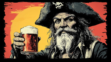 Engraving Vector Sketch of a Fat Pirate Holding a Mug of Beer