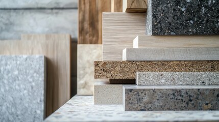 Stack of various wooden and stone surfaces, perfect for design background or construction material inspiration.