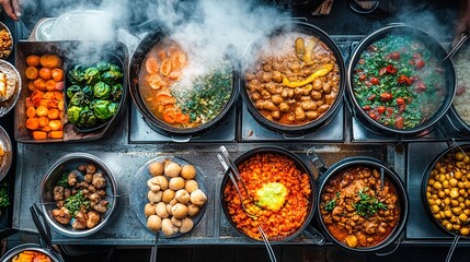 Street vendor serving freshly cooked dishes at a bustling market in the evening with vibrant food selections