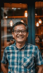 Fototapeta premium A man wearing glasses smiles broadly at the camera. AI.