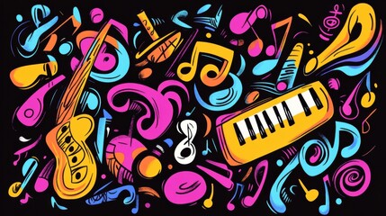 A lively collection of music-themed doodles showcases various instruments, notes, headphones, and...