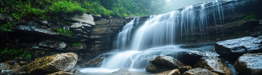 Fototapeta premium Serene waterfall cascading over rocks surrounded by lush greenery, creating a tranquil natural landscape in a peaceful forest setting.