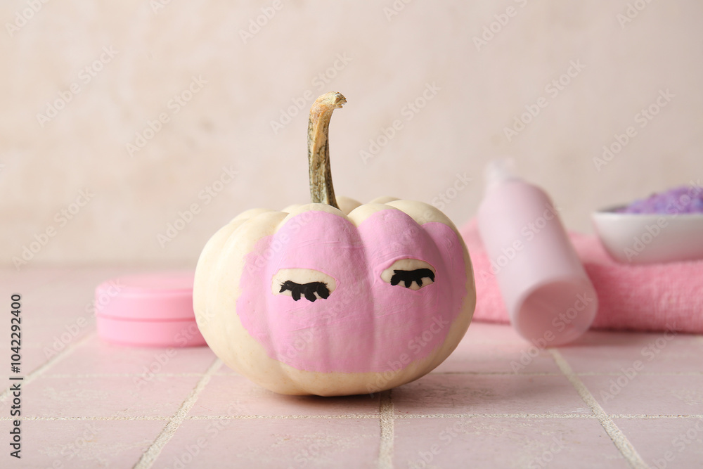 Wall mural Pumpkin with clay mask and bath supplies on pink tile table against grunge background