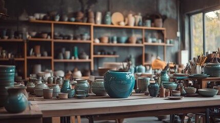 Crafting pottery in a vibrant workshop filled with handcrafted ceramics in the late afternoon light