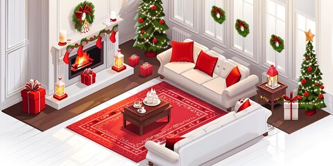 Cozy isometric Christmas living room scene with ruby-red accents, a warm fireplace, and holiday decorations on a white background