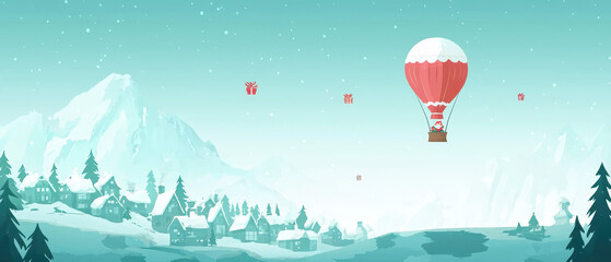 Obraz premium A whimsical winter landscape featuring a hot air balloon decorated with snow, floating over a snowy forest with presents in the sky.