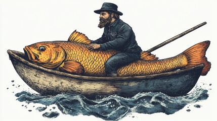 Sketch of a Fisherman Captain Riding a Fish - PNG Illustration