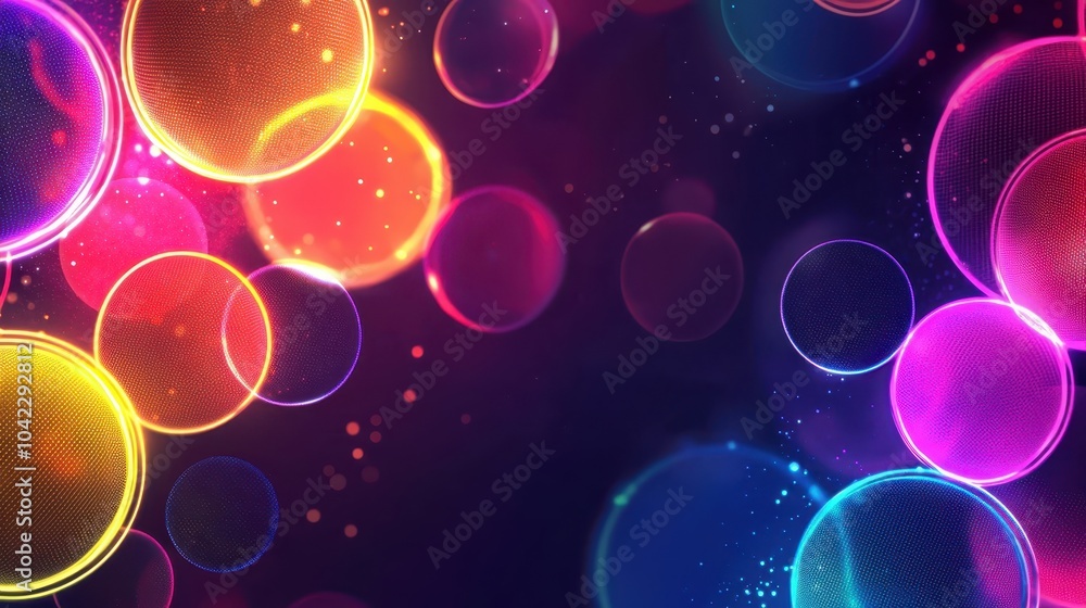 Poster vibrant abstract background with colorful bubbles and glowing circles on a dark backdrop, creating a