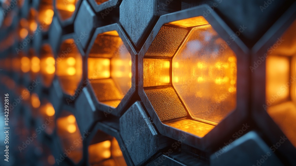 Poster A striking honeycomb design features hexagonal shapes illuminated by glowing orange lights. This modern structure creates a captivating ambiance in low light, emphasizing architectural creativity.