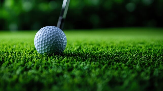 Golf ball on tee ready to be played on lush green grass
