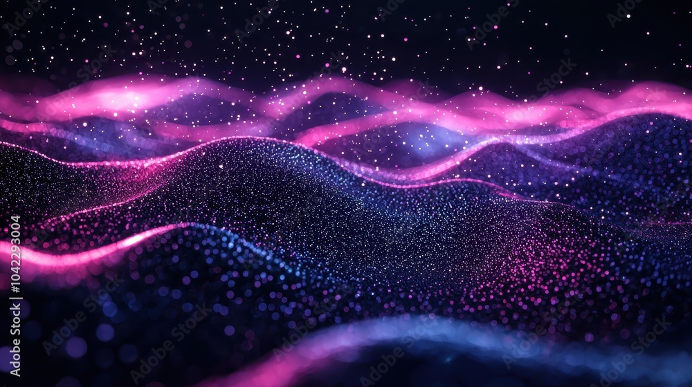 Poster abstract digital wave with glowing pink and purple particles over dark background, creating a futuri