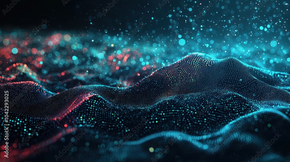 Poster abstract digital landscape with glowing particles and waves, creating a futuristic and vibrant visua