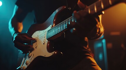 Obraz premium A young musician plays acoustic guitar in a cozy, dimly lit setting, creating a soothing ambiance during an intimate evening