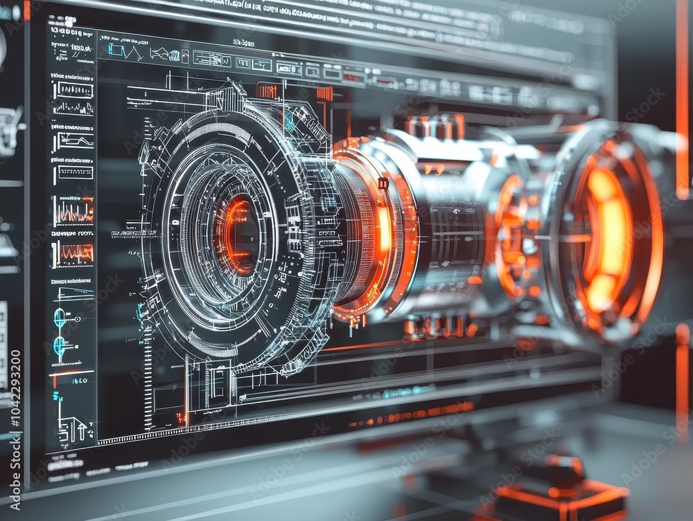 Poster futuristic digital interface displaying detailed technology schematics with glowing elements, ideal 